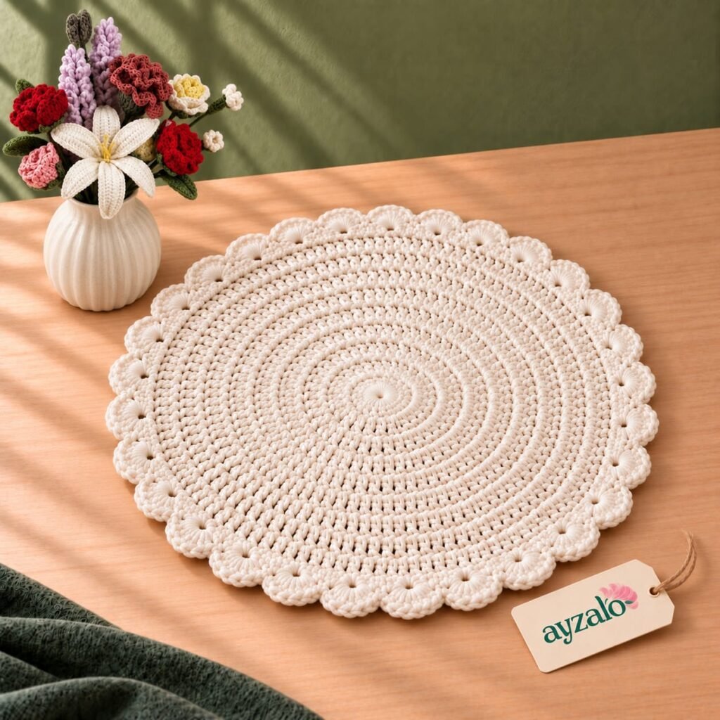 Side view of Aura Scalloped ivory round crochet table mat