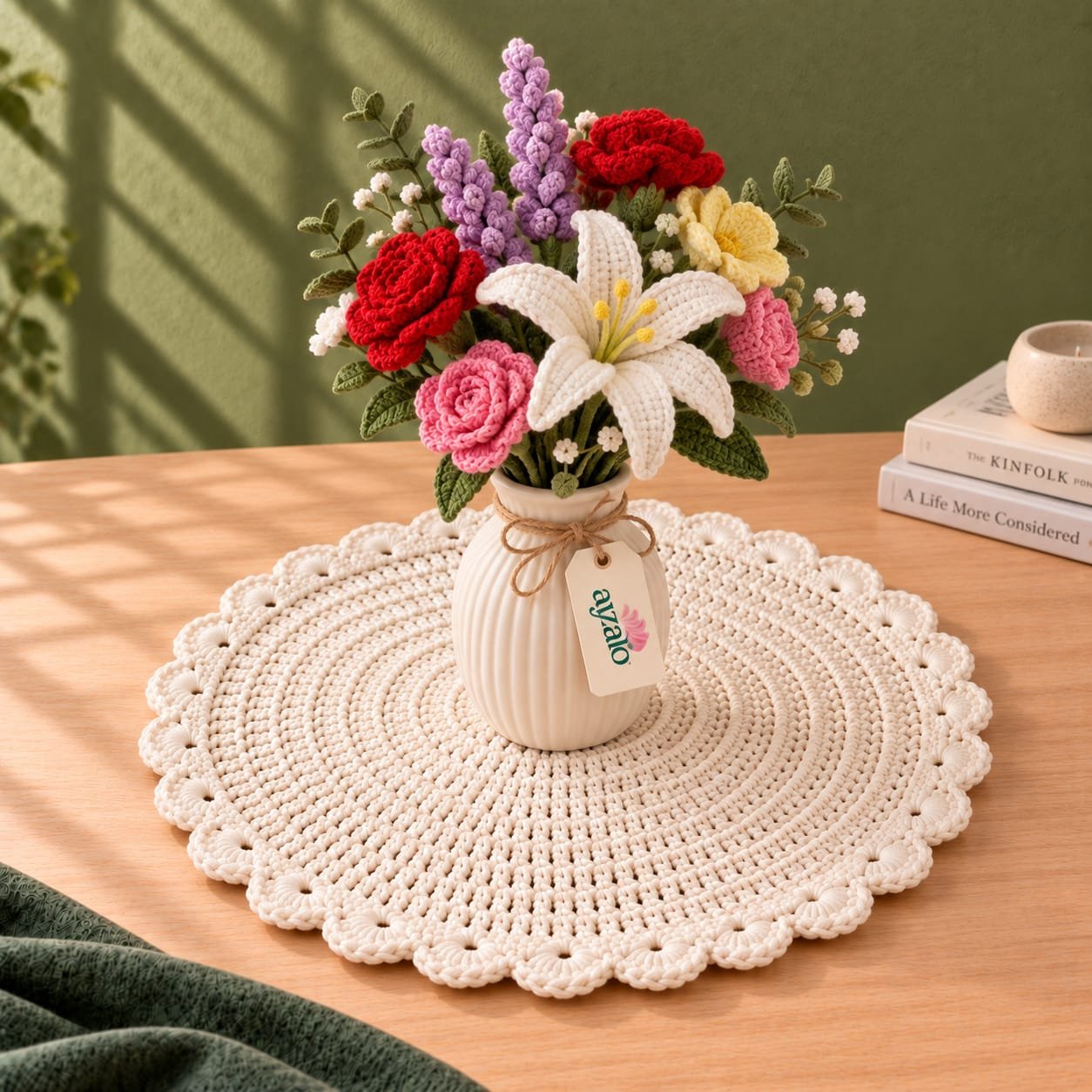 Ayzalo Aura ivory round crochet table mat with scalloped shell border