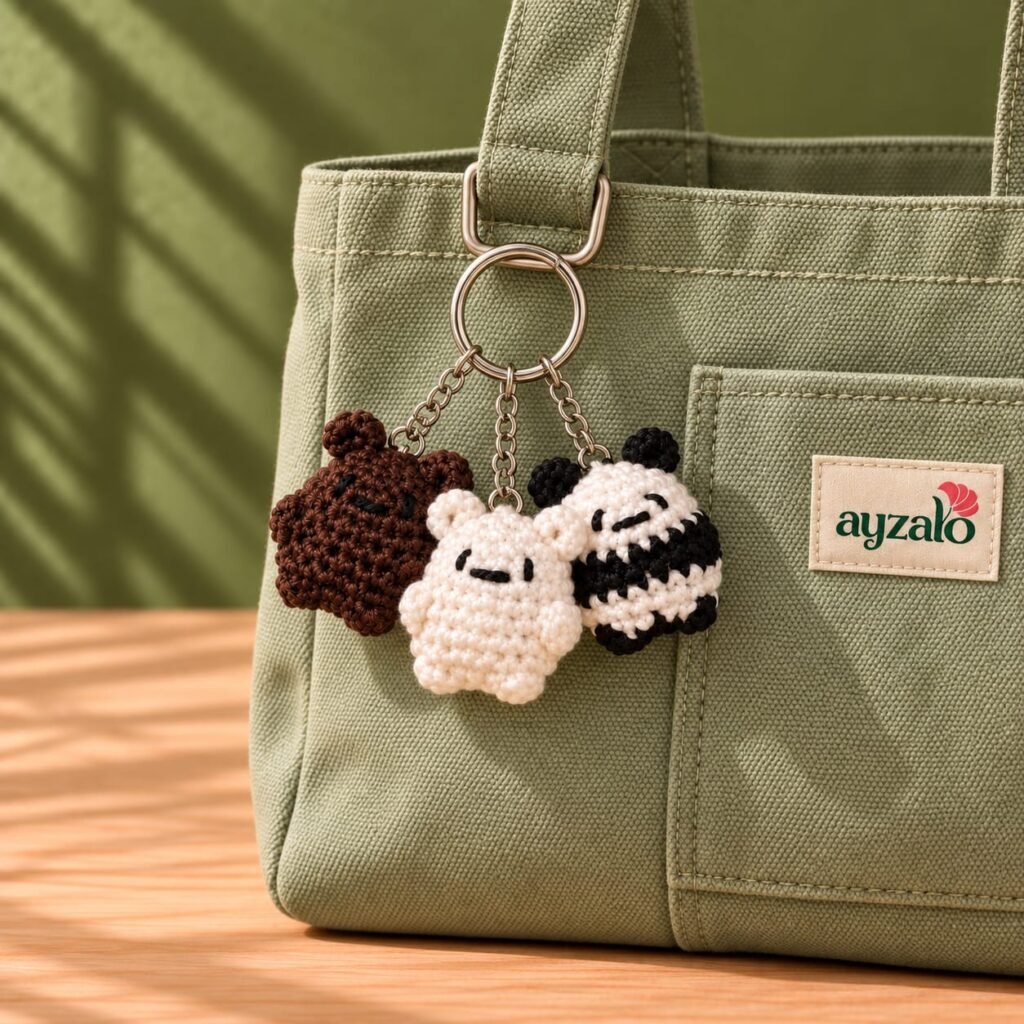 Crochet bear keychain set in a lifestyle setting