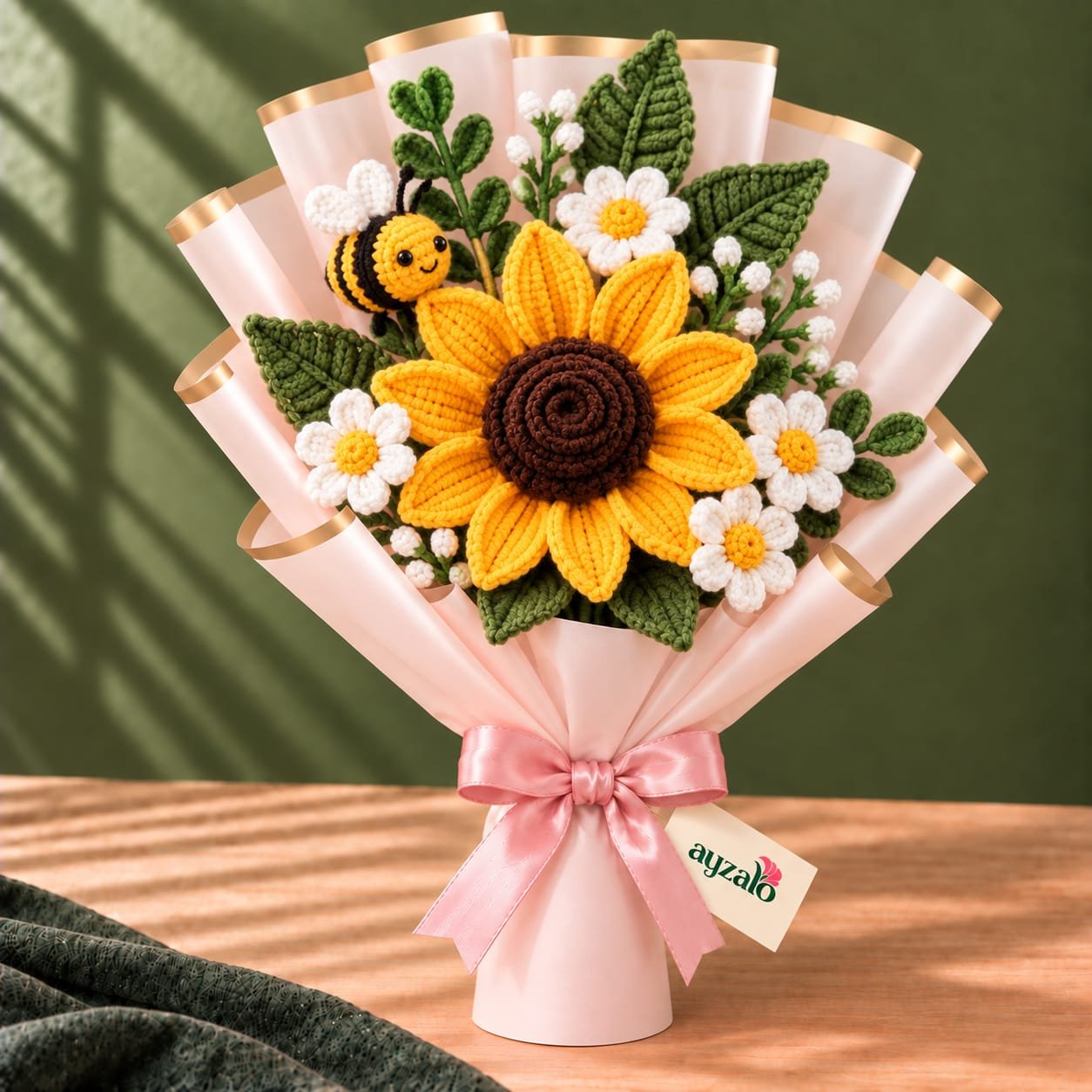 Ayzalo Busy Bee crochet sunflower bouquet with white daisies and bee