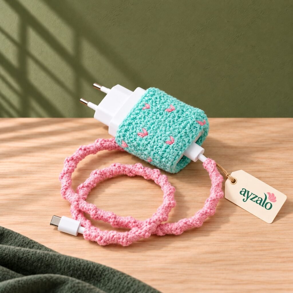 Mint and pink handmade crochet charger cover and cable protector set by Ayzalo