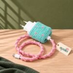 Mint and pink handmade crochet charger cover and cable protector set by Ayzalo
