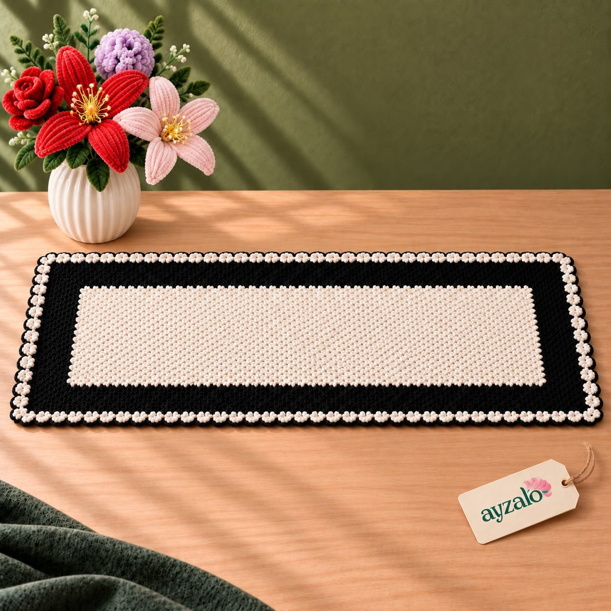 Ayzalo rectangular black and ivory crochet table runner with scalloped edge