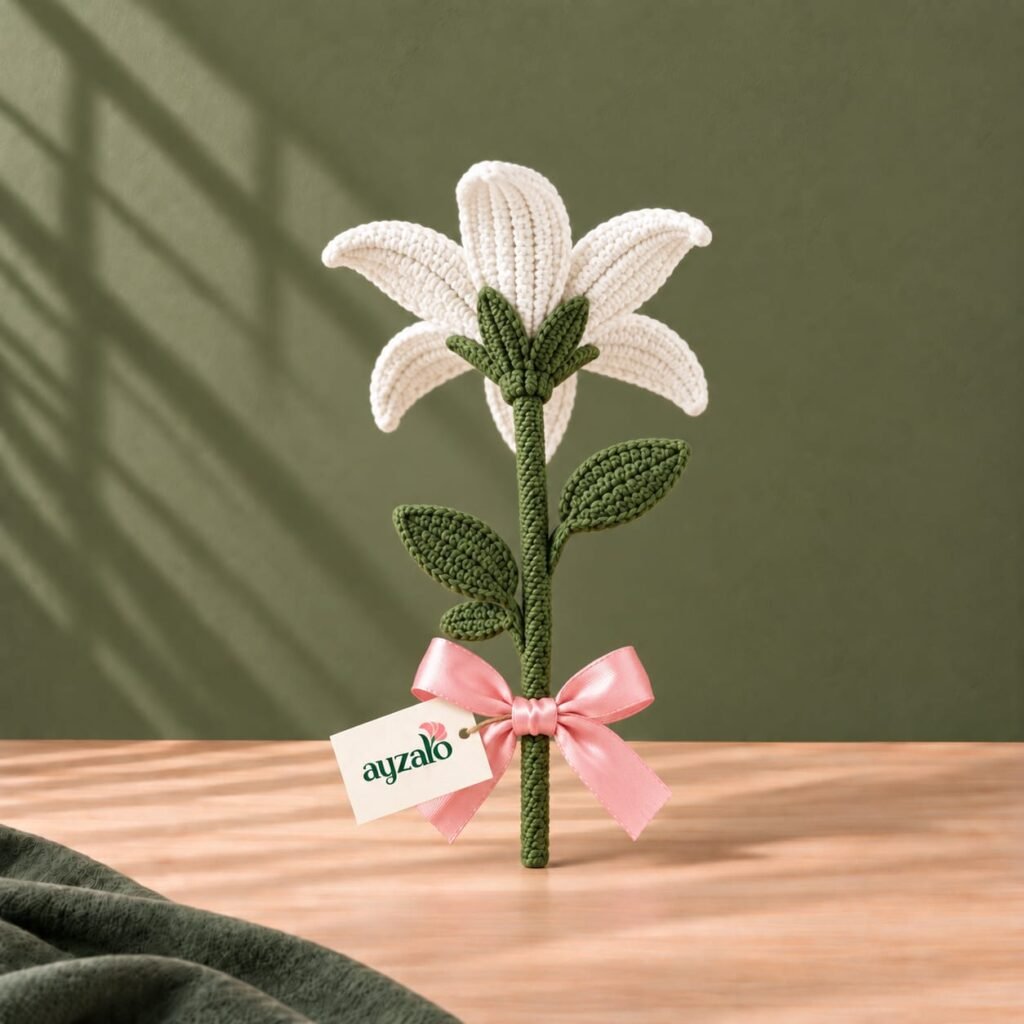 Ivory Whisper crochet lily rear angle with green stem and leaves