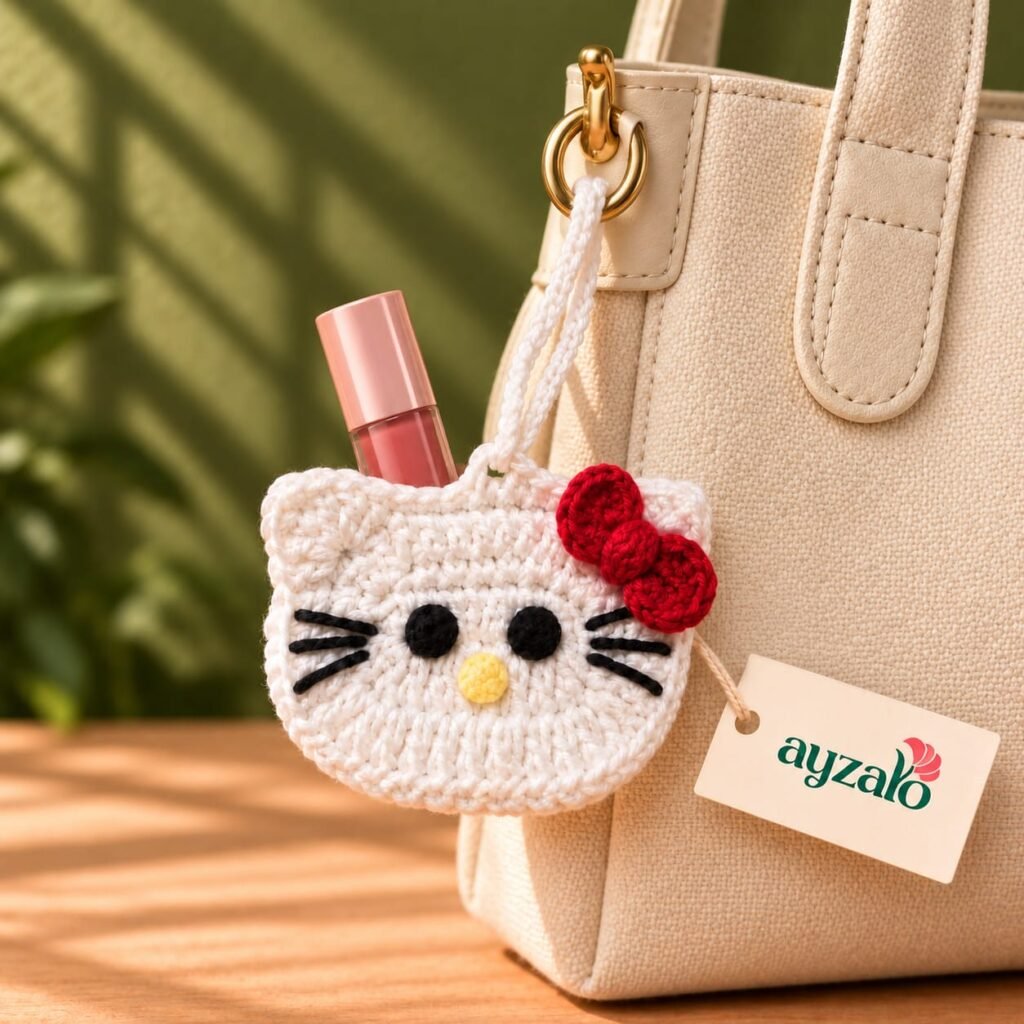 White Ayzalo Kitty crochet lip gloss holder with red bow shown in a lifestyle setting