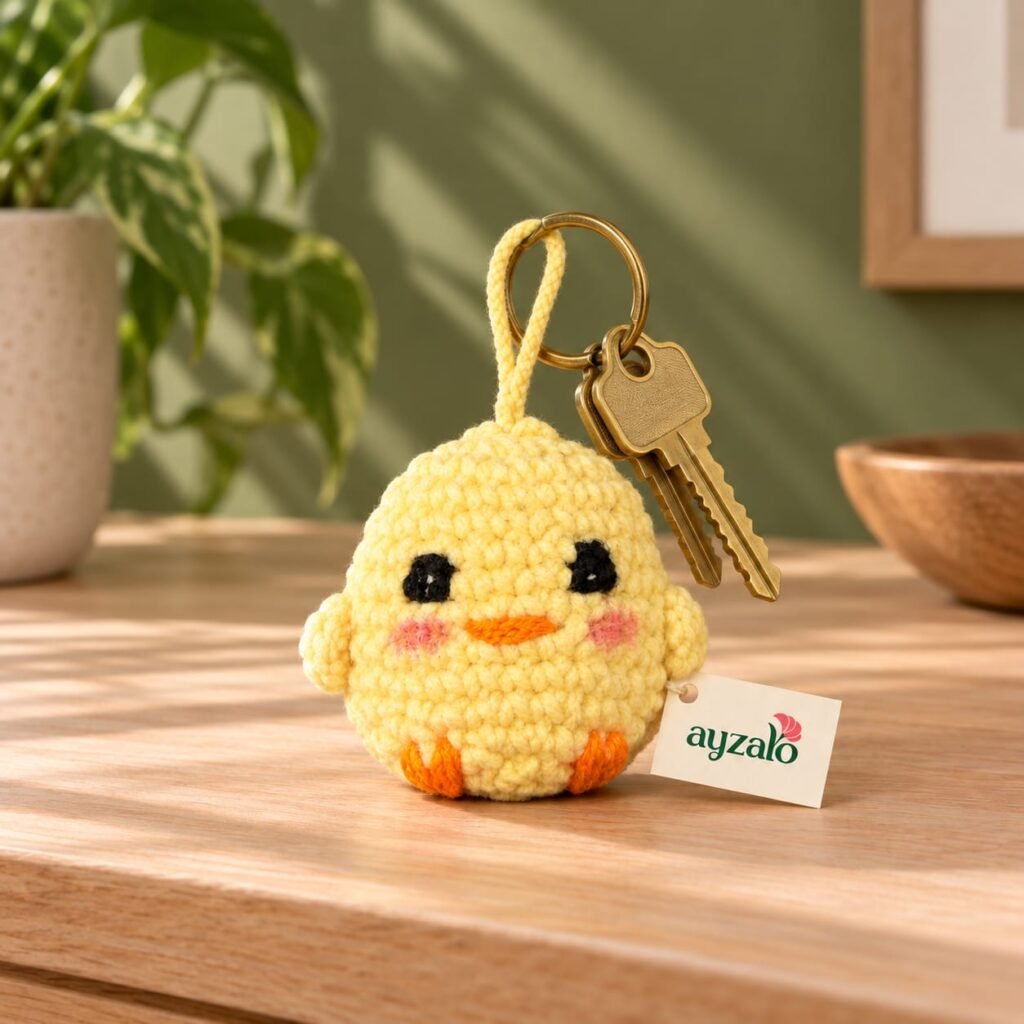 Little Chick crochet keychain in a lifestyle setting