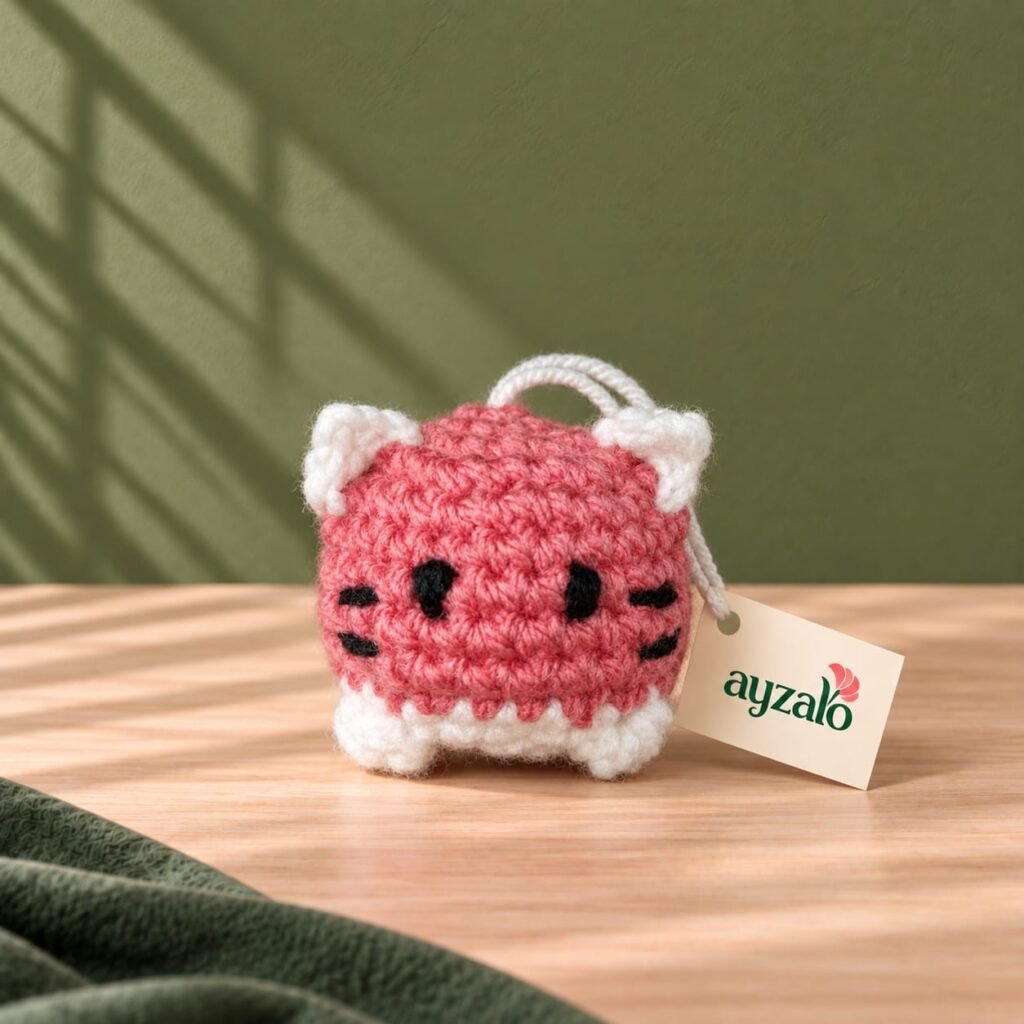 Crochet cat keychain Pakistan – Mini Cat pink and white handmade bag charm by Ayzalo