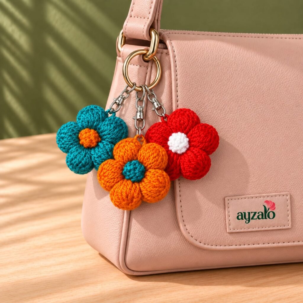 Multicolor Daisy crochet flower keychain in a lifestyle setting