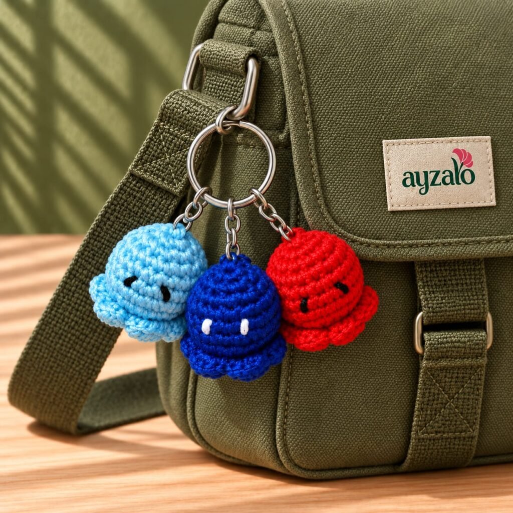 Mini Octopus crochet keychain in a lifestyle setting