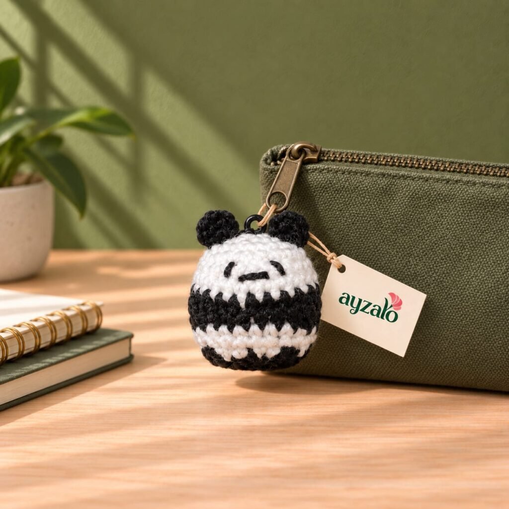 Chubby Panda crochet keychain in a lifestyle setting