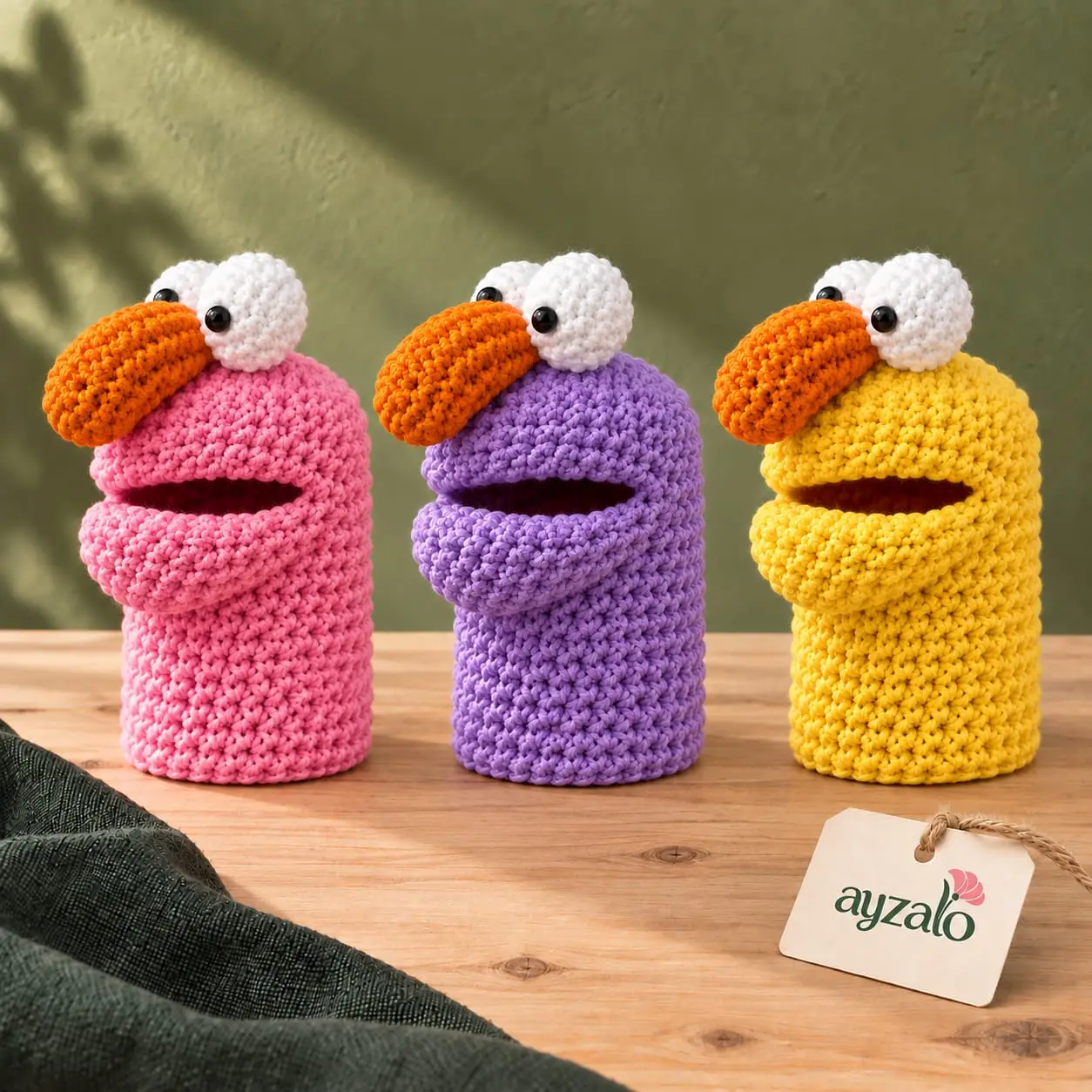 Colour variations of Ayzalo crochet hand puppets
