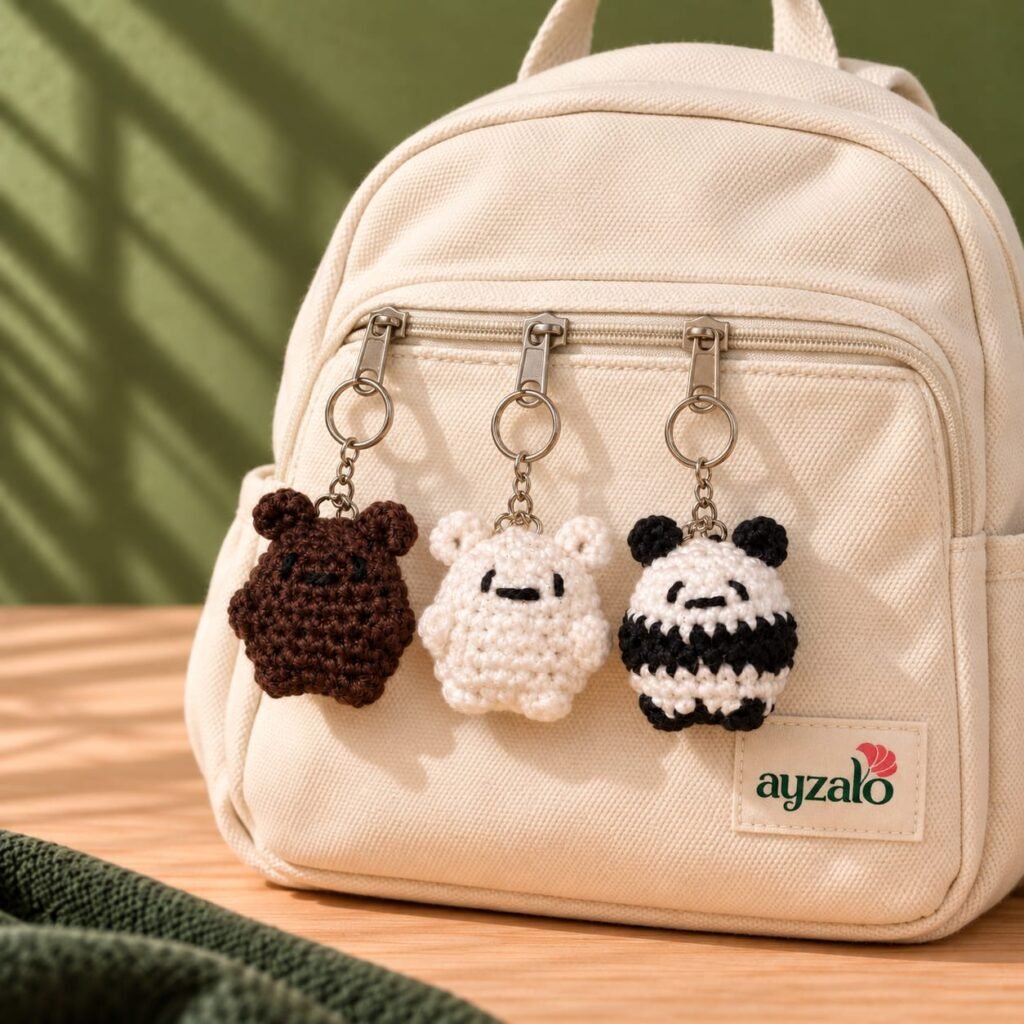 White polar bear crochet keychain in a lifestyle setting