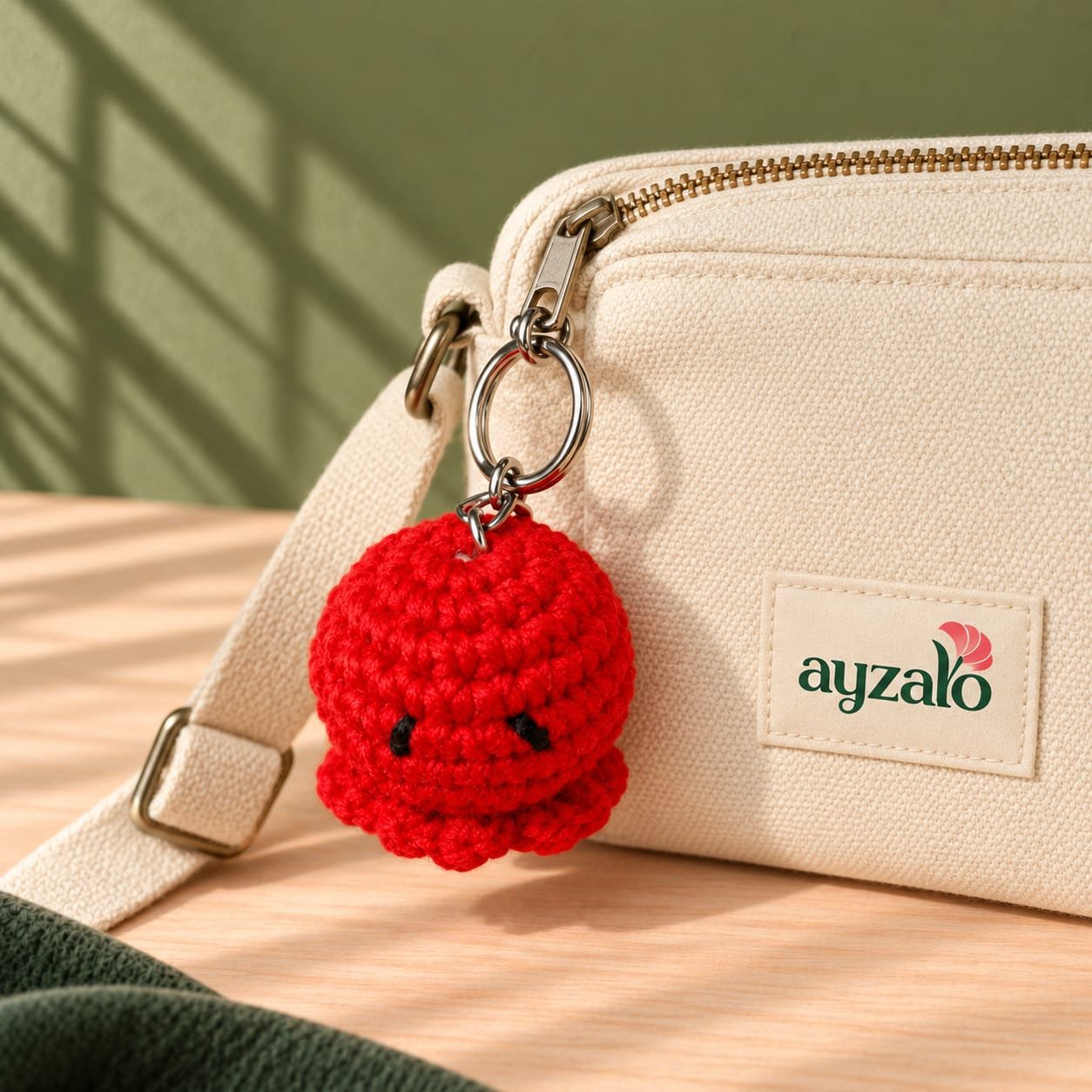 Red Octopus keychain lifestyle single Red crochet octopus keychain shown as a single bag charm
