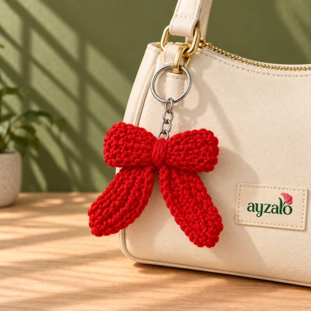 Red Coquette crochet bow keychain in a lifestyle setting