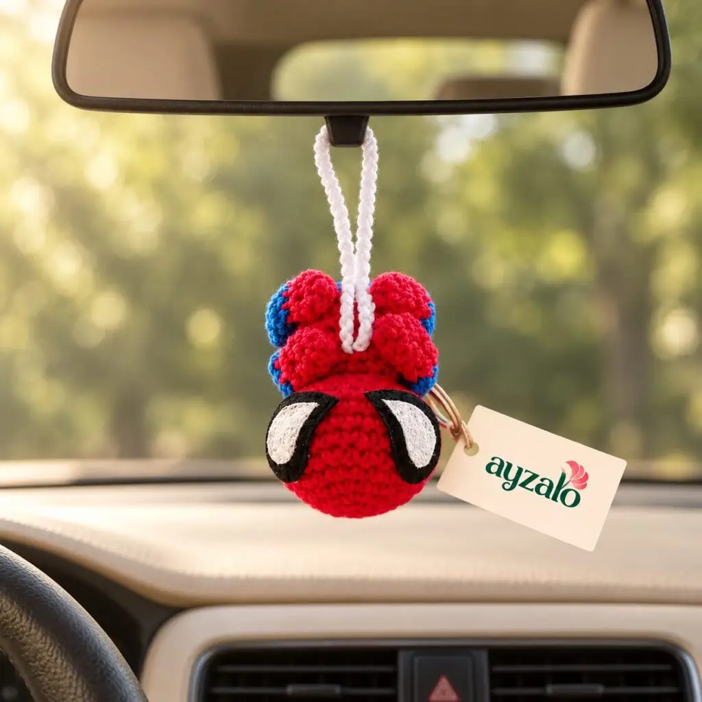 Spider-Man crochet keychain shown in a lifestyle setting