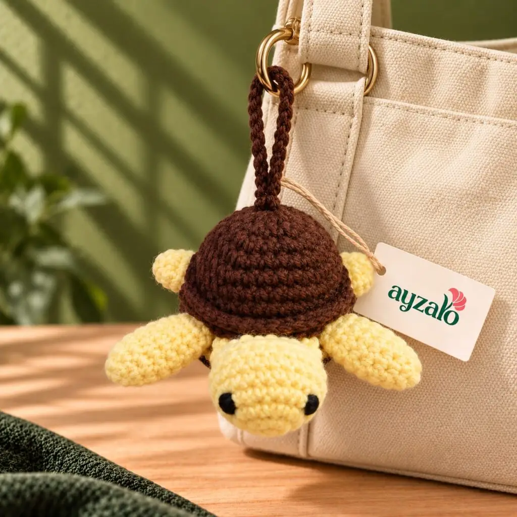 Crochet turtle keychain in a lifestyle setting