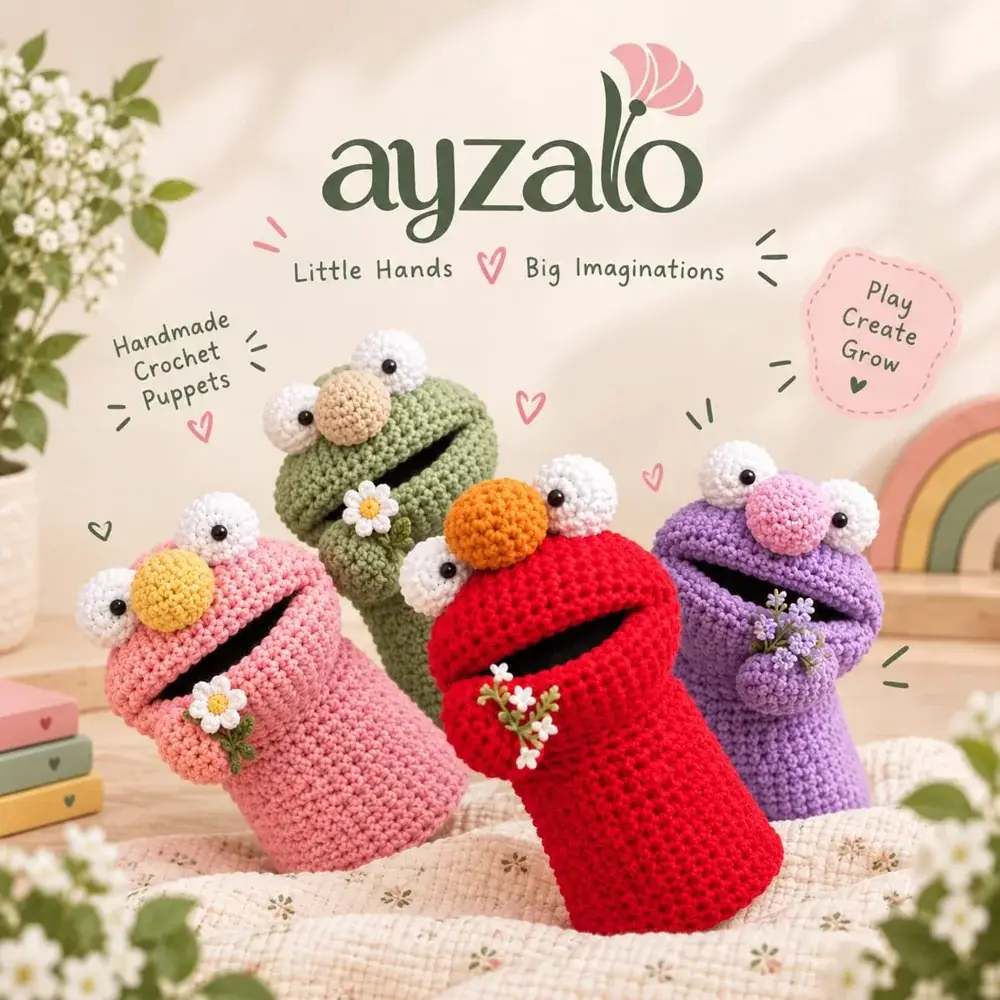 Pink, green, red and purple crochet hand puppets with flowers
