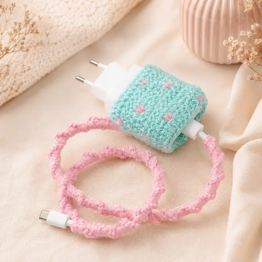 Mint crochet charger cover with pink stitched details and a pink crochet-covered cable