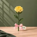 Golden Sunshine handmade yellow crochet rose single stem with pink ribbon by Ayzalo