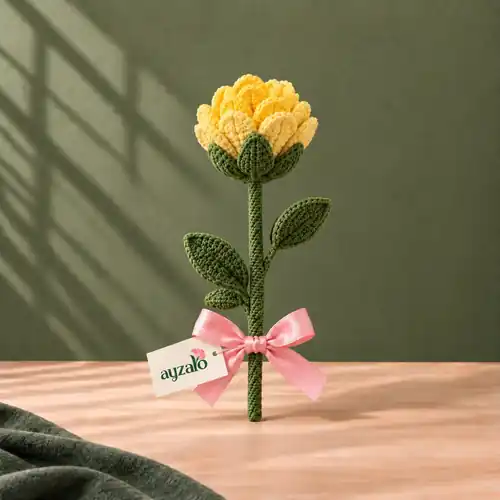 Golden Sunshine yellow crochet rose full stem with green leaves and Ayzalo pink ribbon