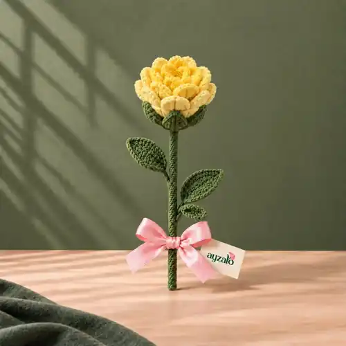 Golden Sunshine handmade yellow crochet rose single stem with pink ribbon by Ayzalo