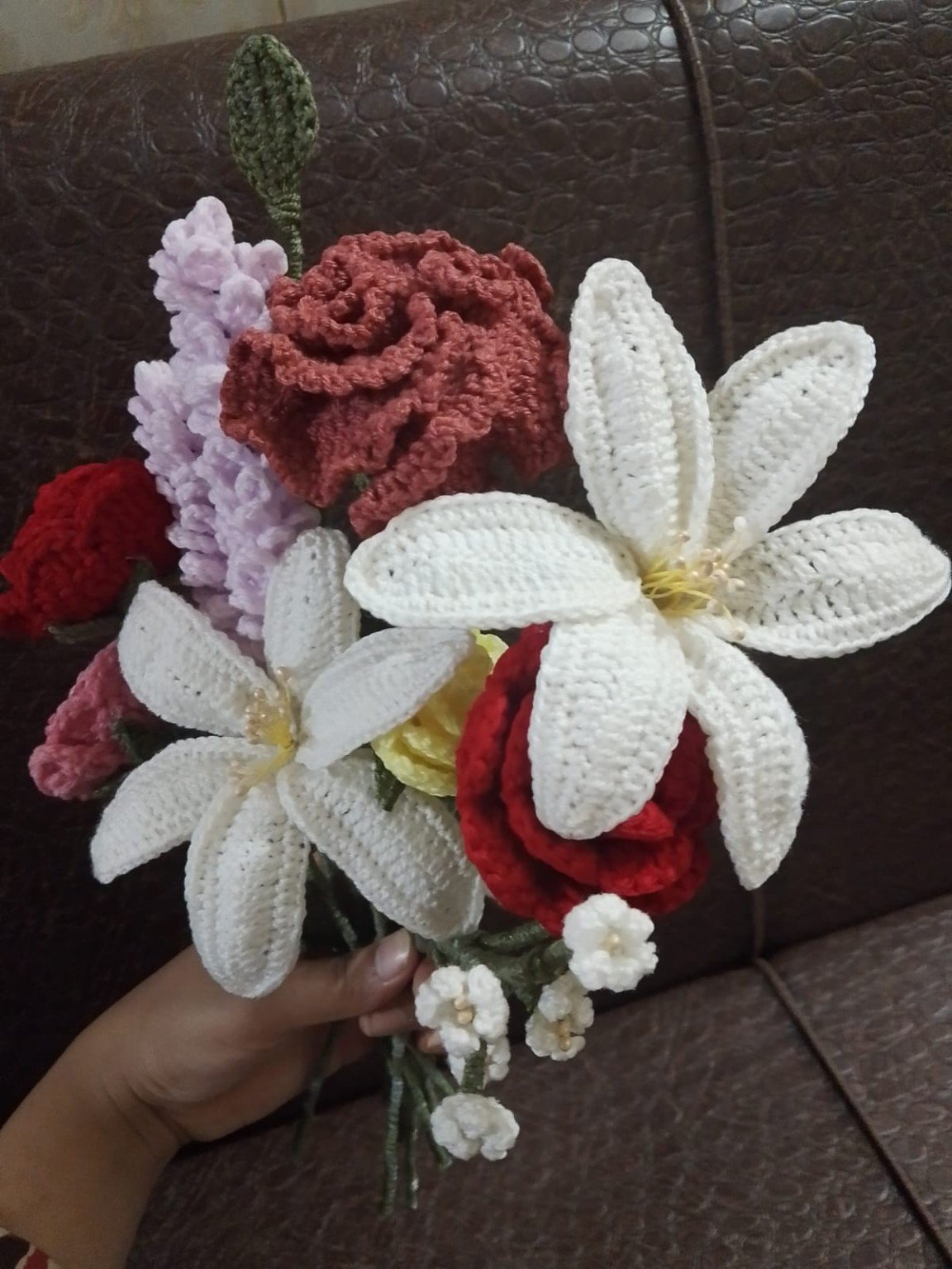 Ayzalo handmade crochet flower bouquet with white lilies and red and pink roses