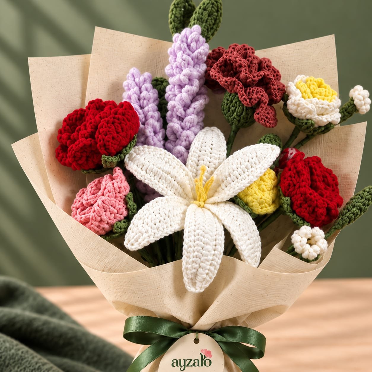 Close-up of handcrafted everlasting crochet flower bouquet by Ayzalo