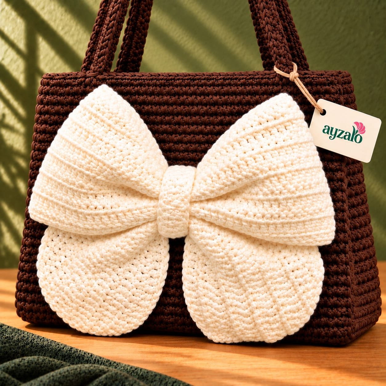 Close-up of Cocoa Bow handmade crochet shoulder bag by Ayzalo