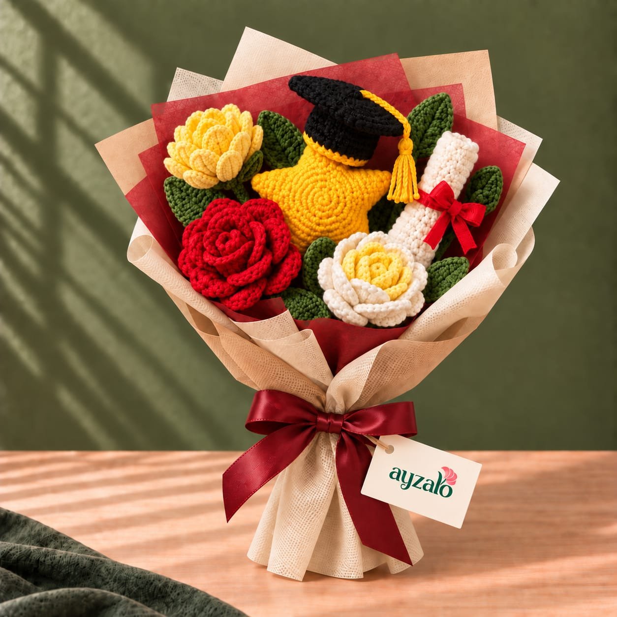 Ayzalo Graduate Keepsake crochet graduation bouquet with cap, diploma and roses