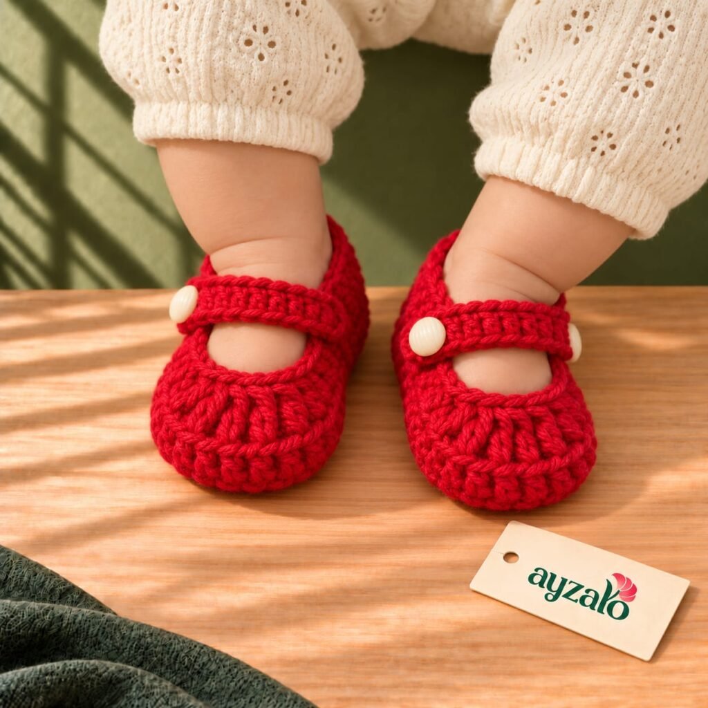 Ruby Red handmade crochet baby crib shoes by Ayzalo in Pakistan