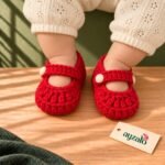 Ruby Red handmade crochet baby crib shoes by Ayzalo in Pakistan