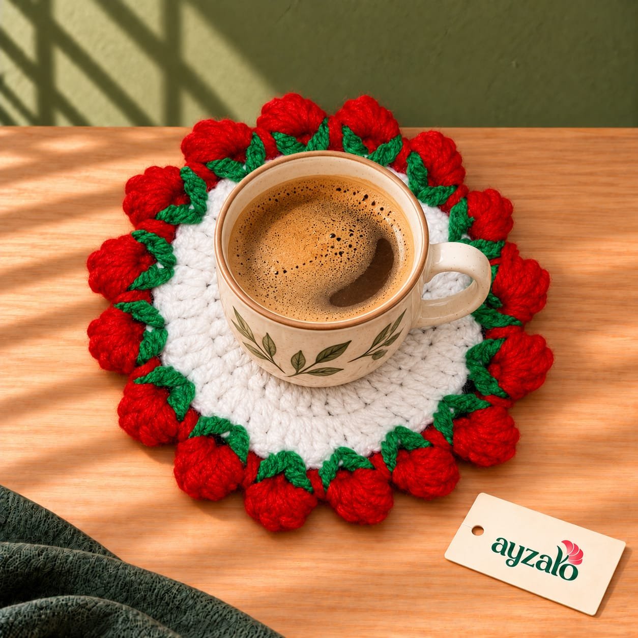 Strawberry Border handmade crochet coaster with red strawberry bobbles and ivory base by Ayzalo