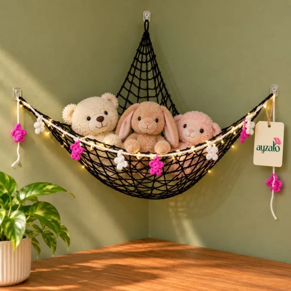 Ayzalo Glow corner toy hammock with stuffed animals, crochet flowers and warm fairy lights