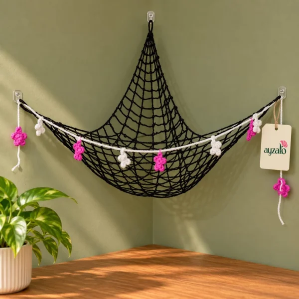 Ayzalo Standard corner toy hammock shown empty with crochet flower accents