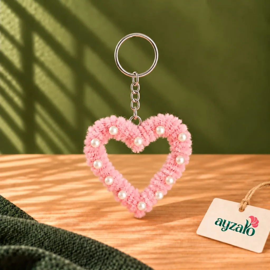 Blushing Sweetheart pink chenille heart keychain with faux pearl accents and silver keyring by Ayzalo
