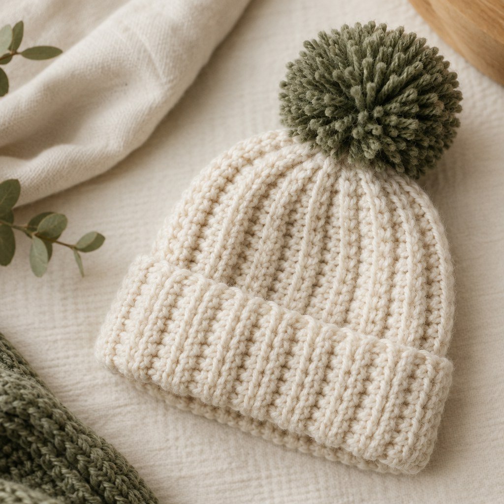 Close-up of ribbed handmade crochet baby cap details including folded brim and pom-pom