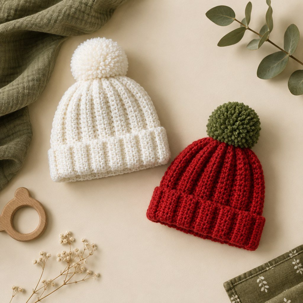 Two handmade crochet baby caps in white and strawberry red styled for a Pakistan buying guide