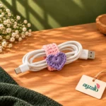 Crochet heart cable holder wrapped around a white charging cable with pink strap and purple heart by Ayzalo