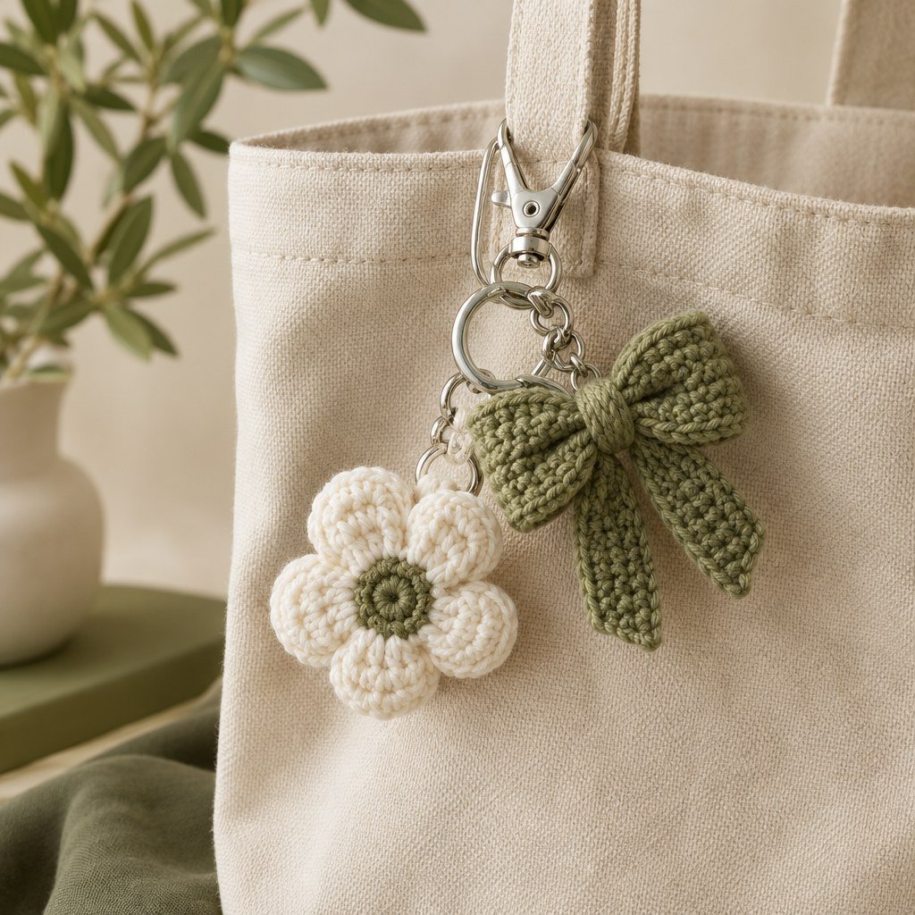 Handmade crochet charms styled on a neutral bag for an everyday accessory look