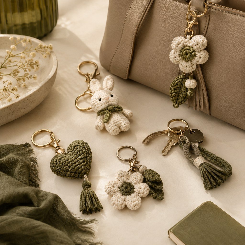 Handmade crochet keychains and bag charms styled with everyday accessories in Pakistan