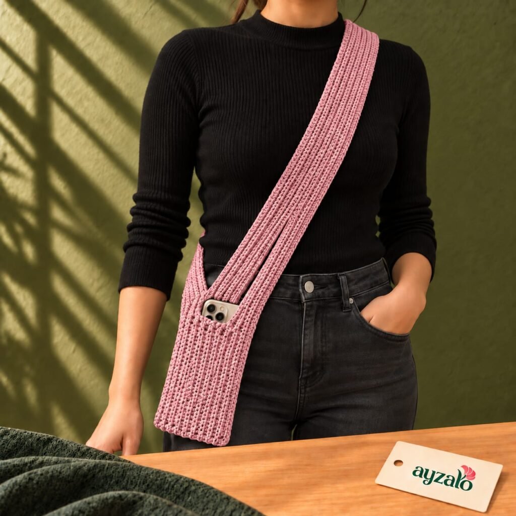 Pink Ayzalo crochet crossbody phone sling pouch with smartphone pocket