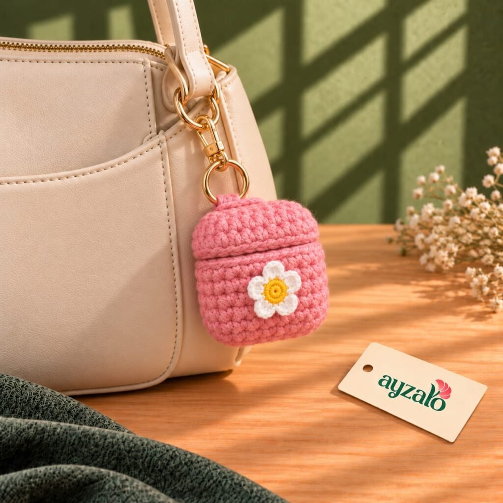 Ayzalo Daisy Earpods crochet cover attached as a handmade bag accessory in Pakistan