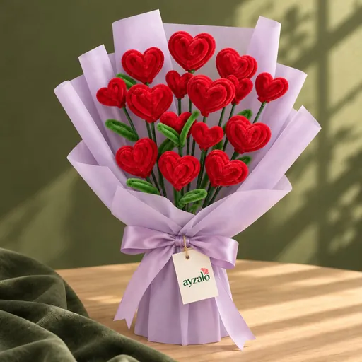 Eternal Love pipe cleaner heart bouquet Pakistan with red chenille hearts and lavender wrapping by Ayzalo