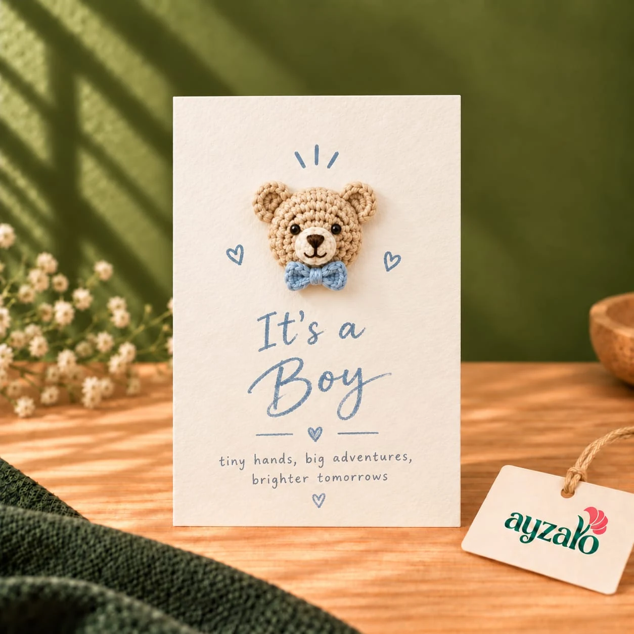 It's a Boy handmade crochet teddy newborn card by Ayzalo in Pakistan