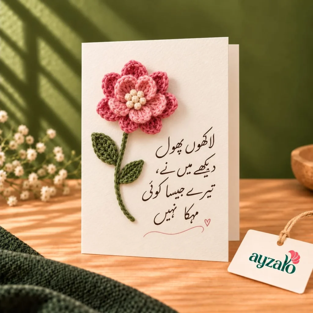 Lakhon Phool Urdu poetry greeting card with pink crochet flower and romantic message by Ayzalo