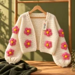 Meadow Bloom handmade crochet cardigan in off-white with pink 3D floral appliqués by Ayzalo