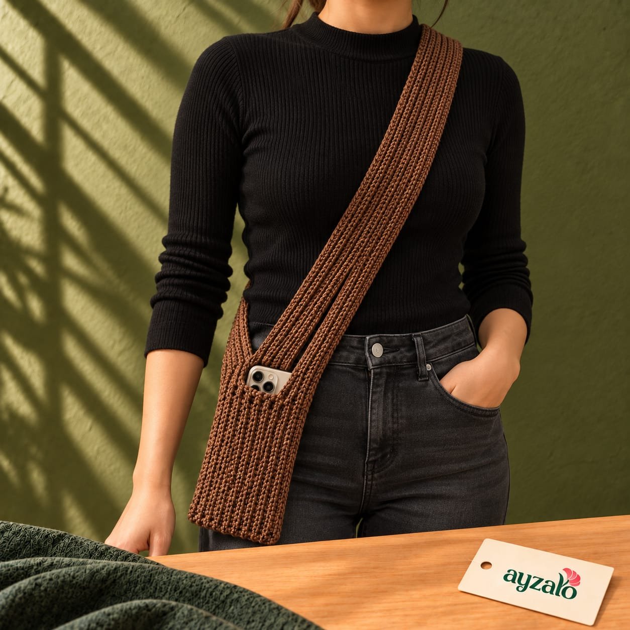 Mocha Sling brown crochet phone pouch by Ayzalo worn crossbody