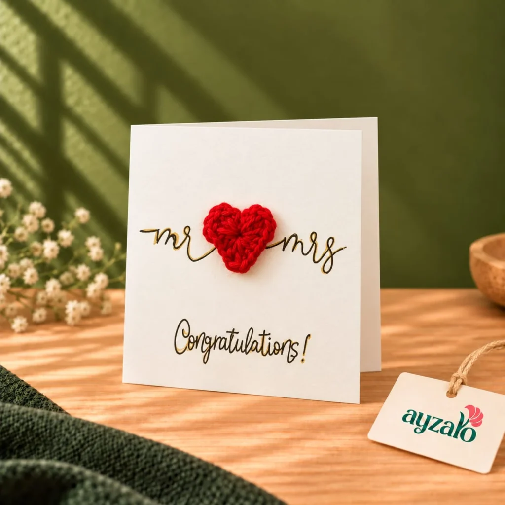 Mr and Mrs wedding greeting card with gold lettering and handmade red crochet heart by Ayzalo