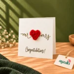 Mr and Mrs wedding greeting card with gold lettering and handmade red crochet heart by Ayzalo
