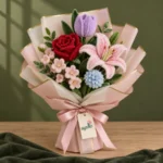 Ayzalo Pastel Grace mixed handmade flower bouquet in pink wrapping